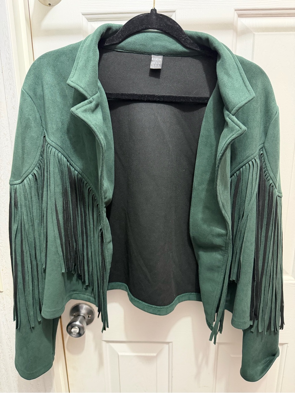 SHEIN Dark Green Suede Fringe Open-Front Jacket